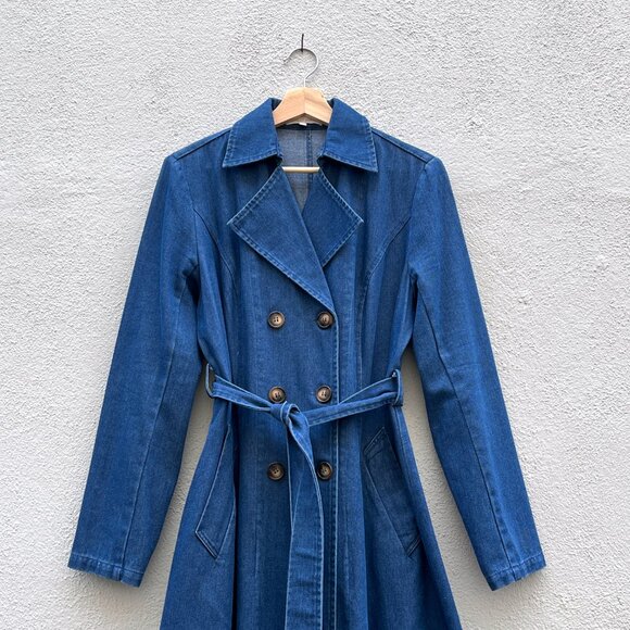 Women's Solitaire Blue Denim Belted Double Breasted Cotton Trench Coat Small - Picture 2 of 7